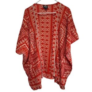Angie Open Front Orange Geometric Print Lightweight Kimono Cardigan, Sz L